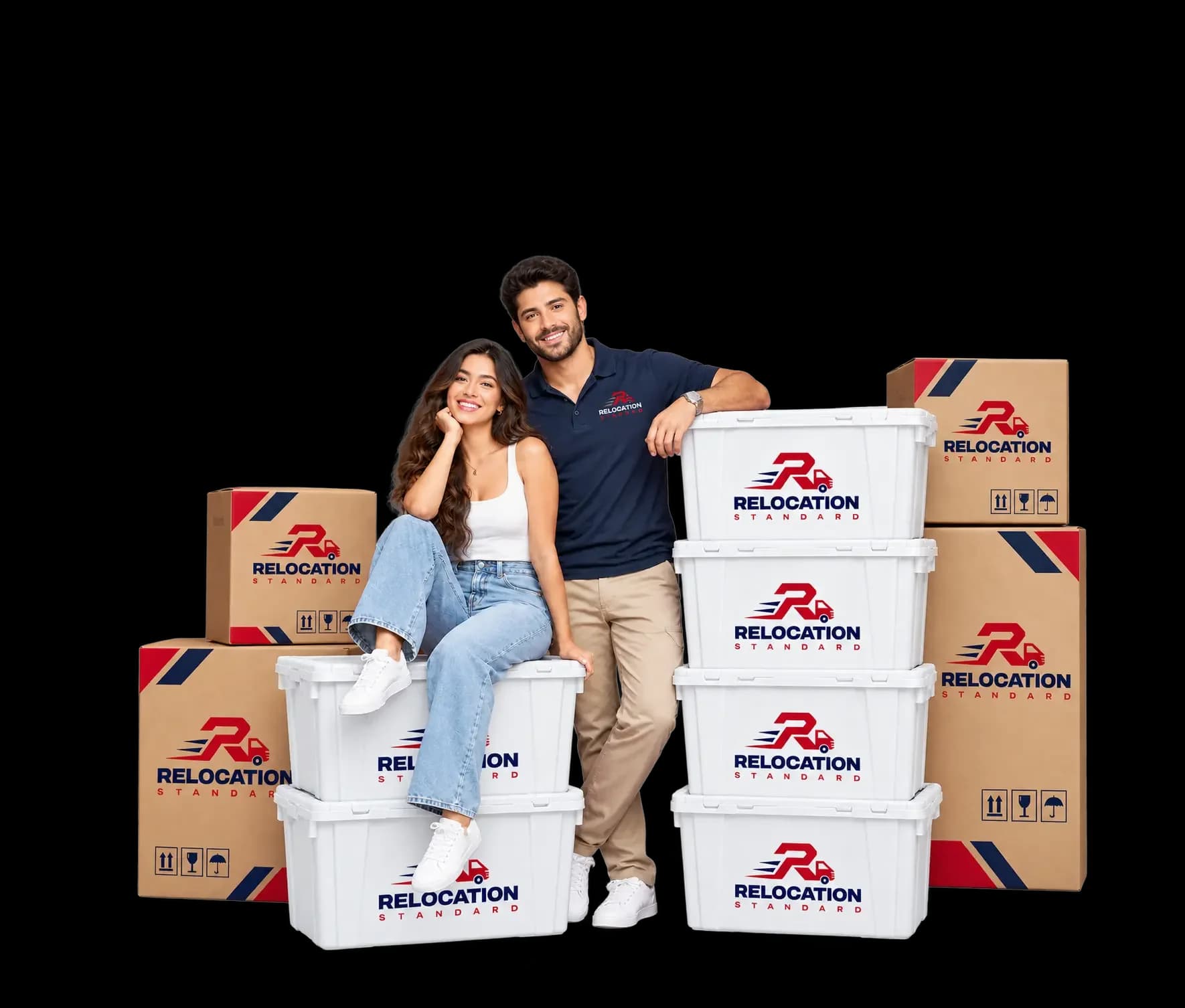 Relocation Standard team member and a smiling customer with branded moving boxes and storage totes