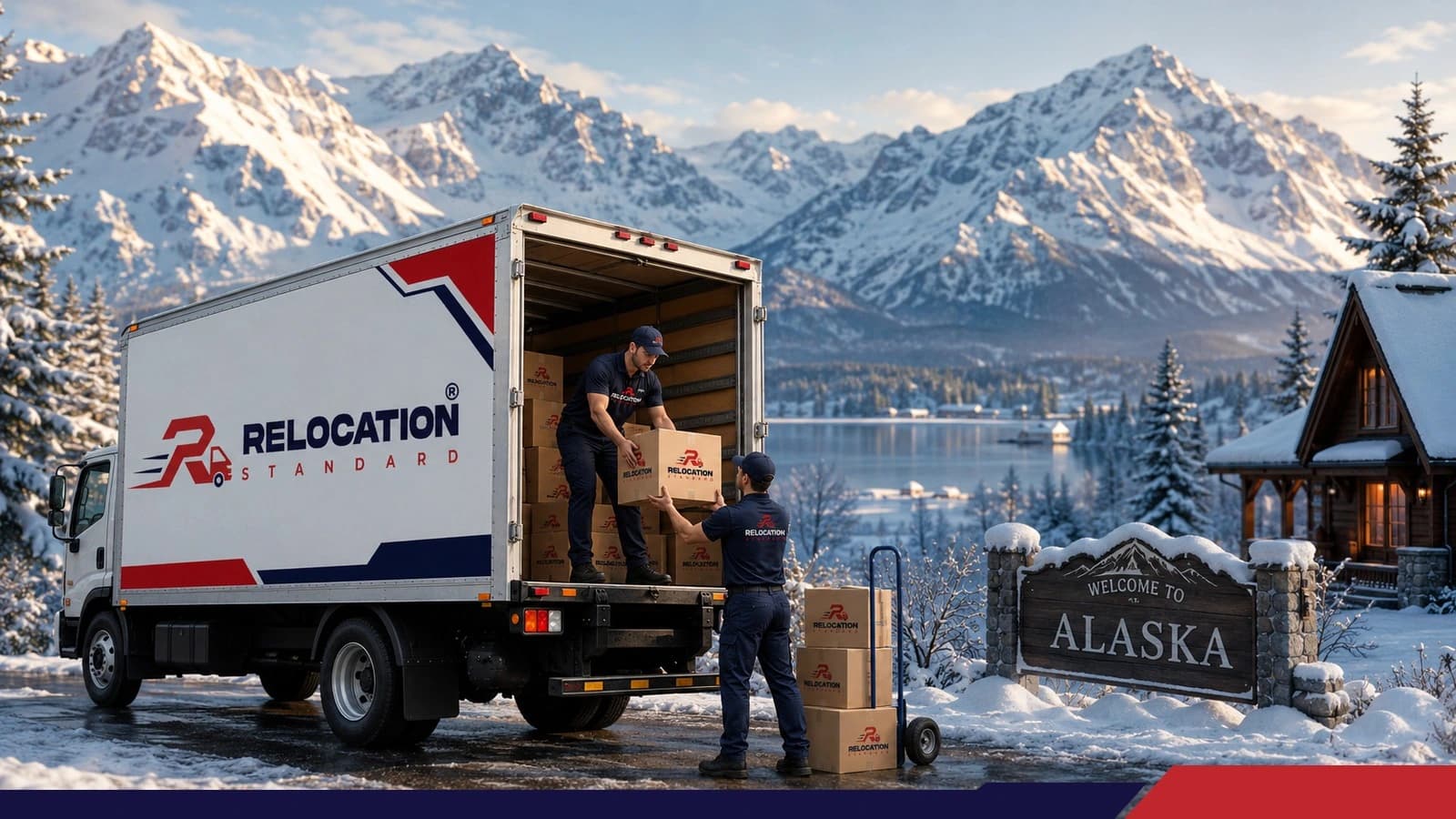 Relocation Standard crew unloading moving boxes from a branded truck beside a Welcome to Alaska sign