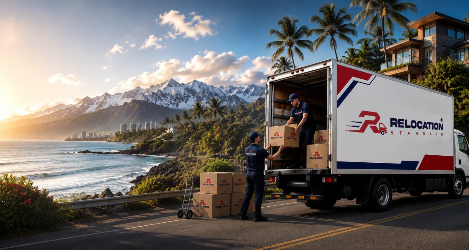 Relocation Standard movers loading boxes into a branded truck on a coastal road lined with palm trees, with snowy mountains behind