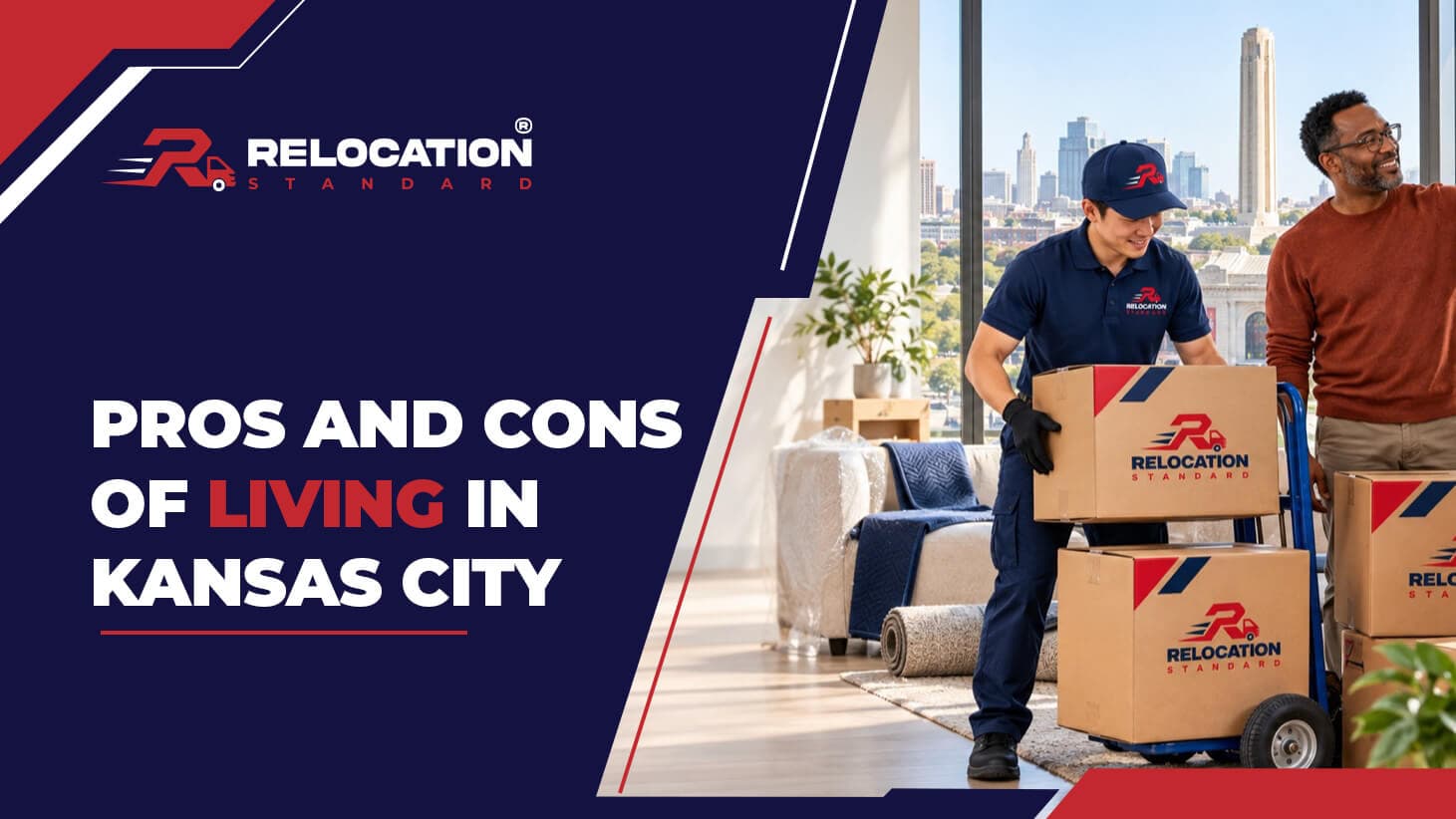 Relocation Standard banner reading “Pros and Cons of Living in Kansas City”: a Relocation Standard mover wheels branded boxes into a high-rise apartment while a man looks on, with the Kansas City skyline behind