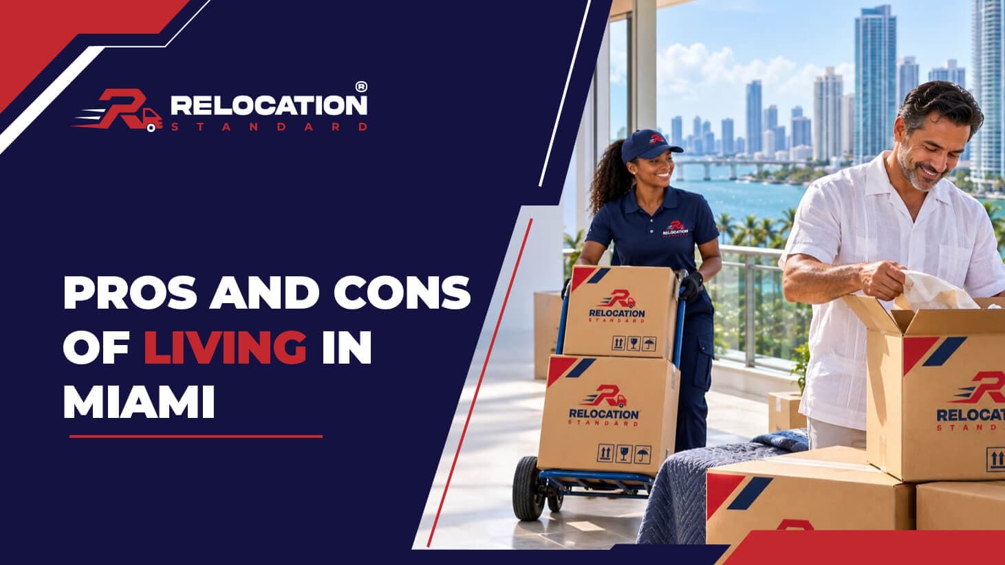Relocation Standard banner reading “Pros and Cons of Living in Miami”: a Relocation Standard mover wheels branded boxes onto a balcony where a man unpacks, with the bay and the Miami skyline behind