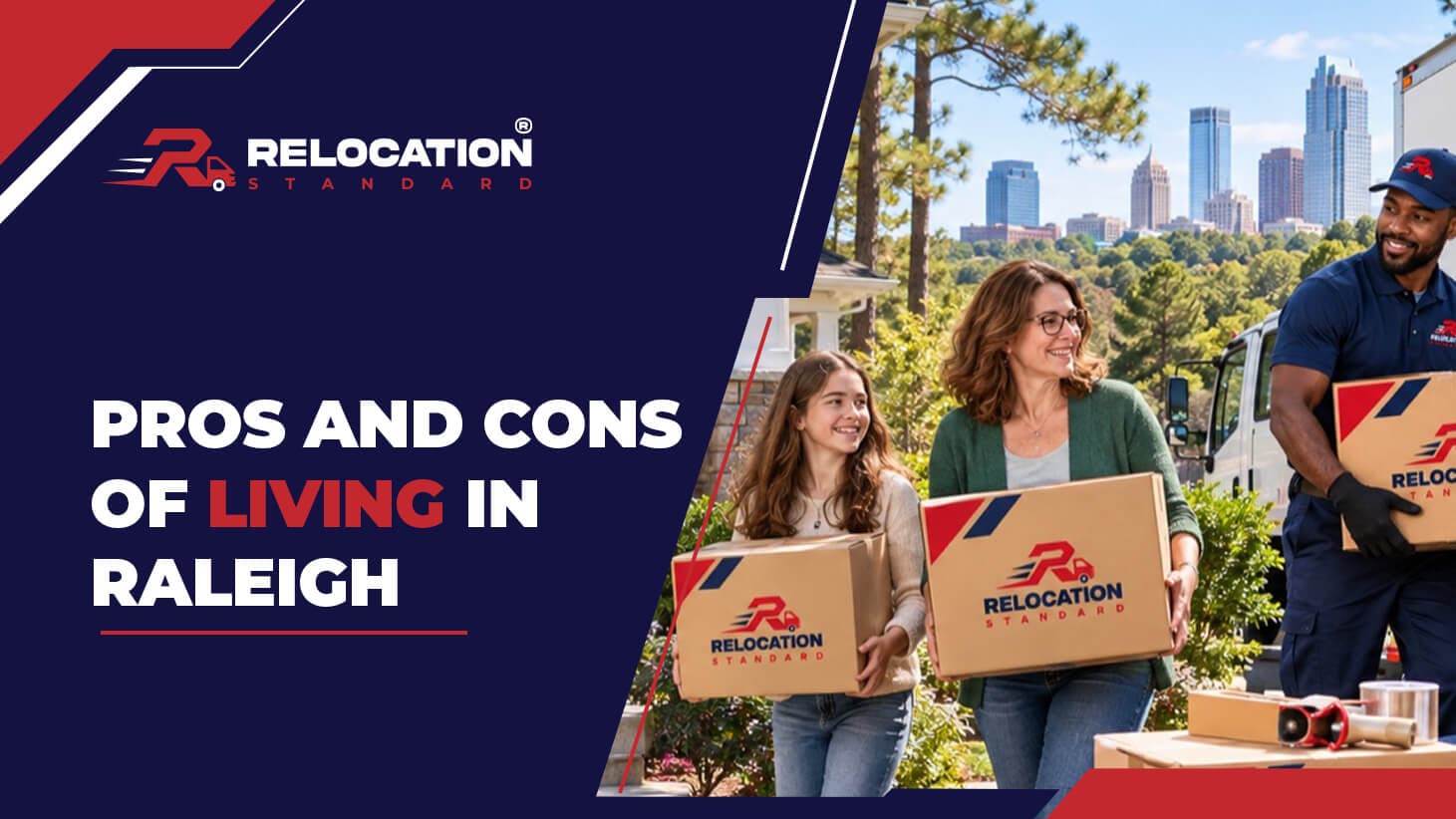 Relocation Standard banner reading “Pros and Cons of Living in Raleigh”: a mother and daughter carry branded boxes past a Relocation Standard mover, with pine trees and the Raleigh skyline behind