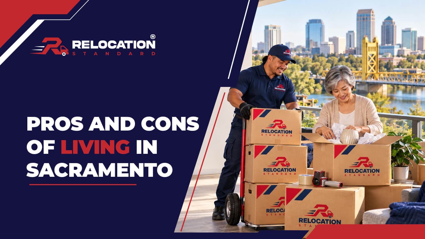 Relocation Standard banner reading “Pros and Cons of Living in Sacramento”: a Relocation Standard mover wheels branded boxes to a woman unpacking on a balcony, with the Sacramento skyline and the gold Tower Bridge behind