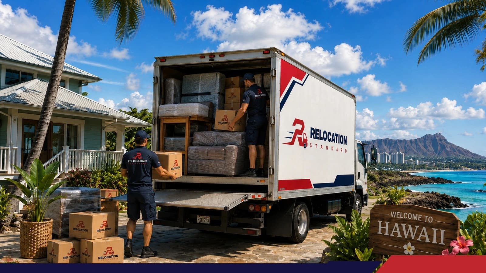 Relocation Standard movers loading a truck outside a home in Hawaii with the ocean behind