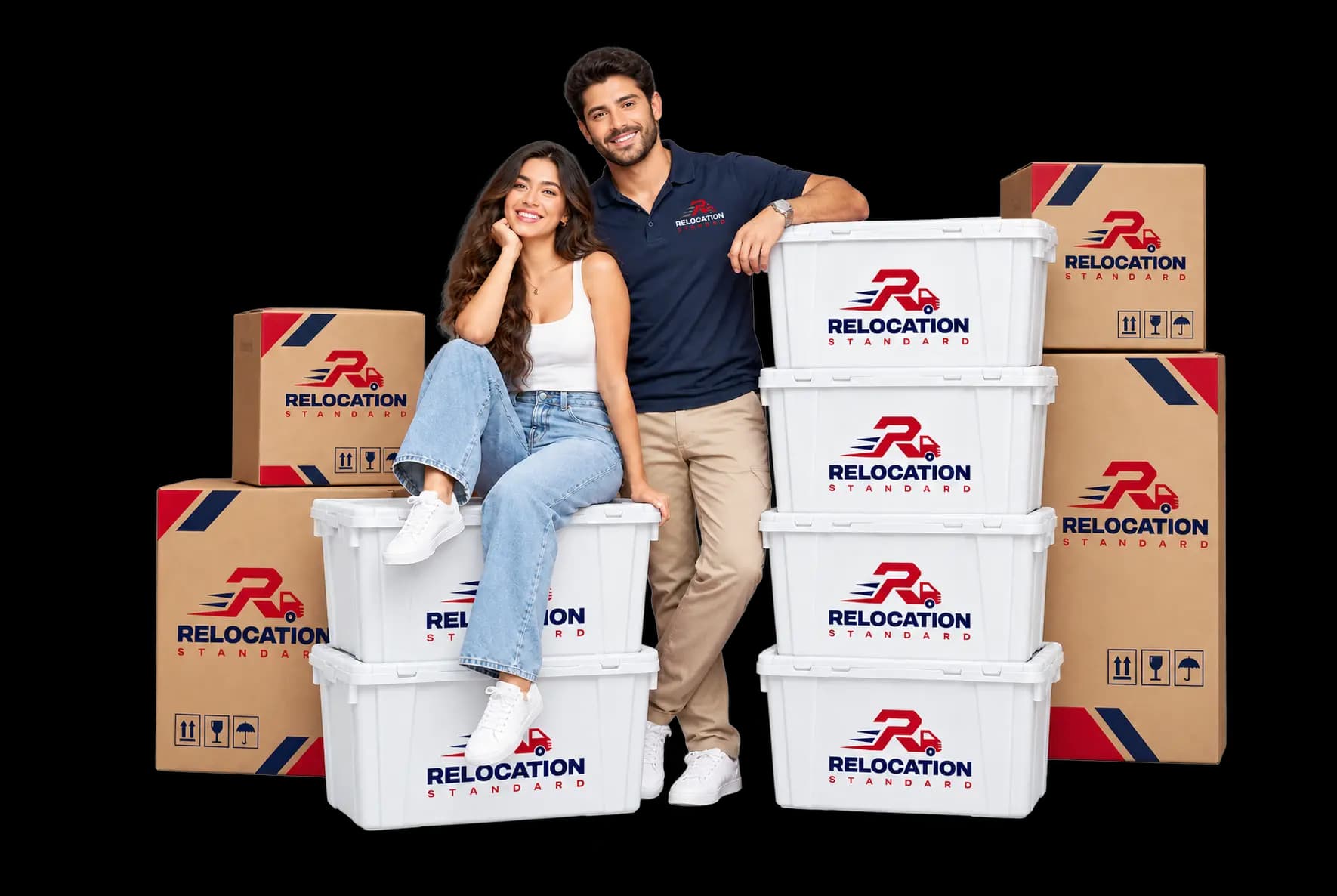 Relocation Standard team members with branded moving boxes and storage totes
