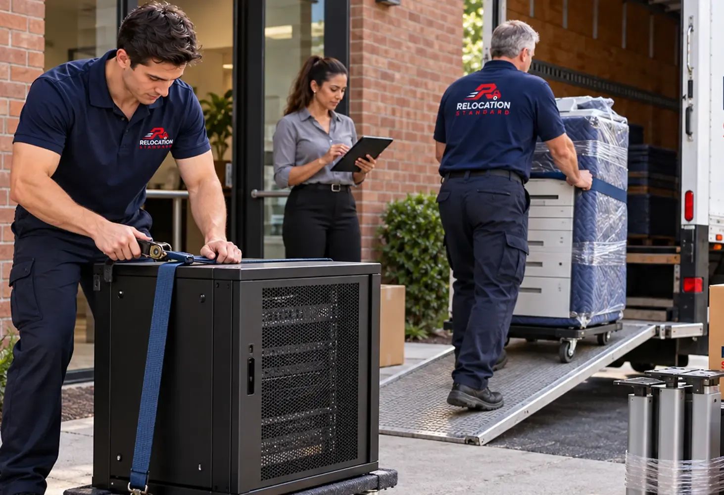 Relocation Standard crew strapping equipment for transport while a coordinator checks the plan on a tablet