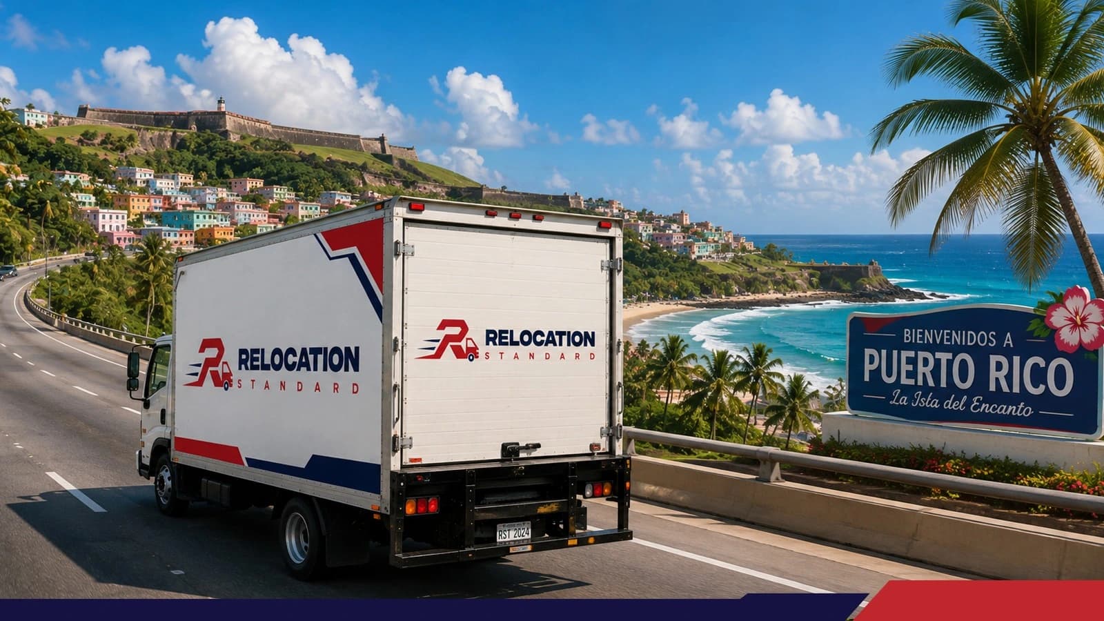 Relocation Standard moving truck driving along a coastal highway in Puerto Rico