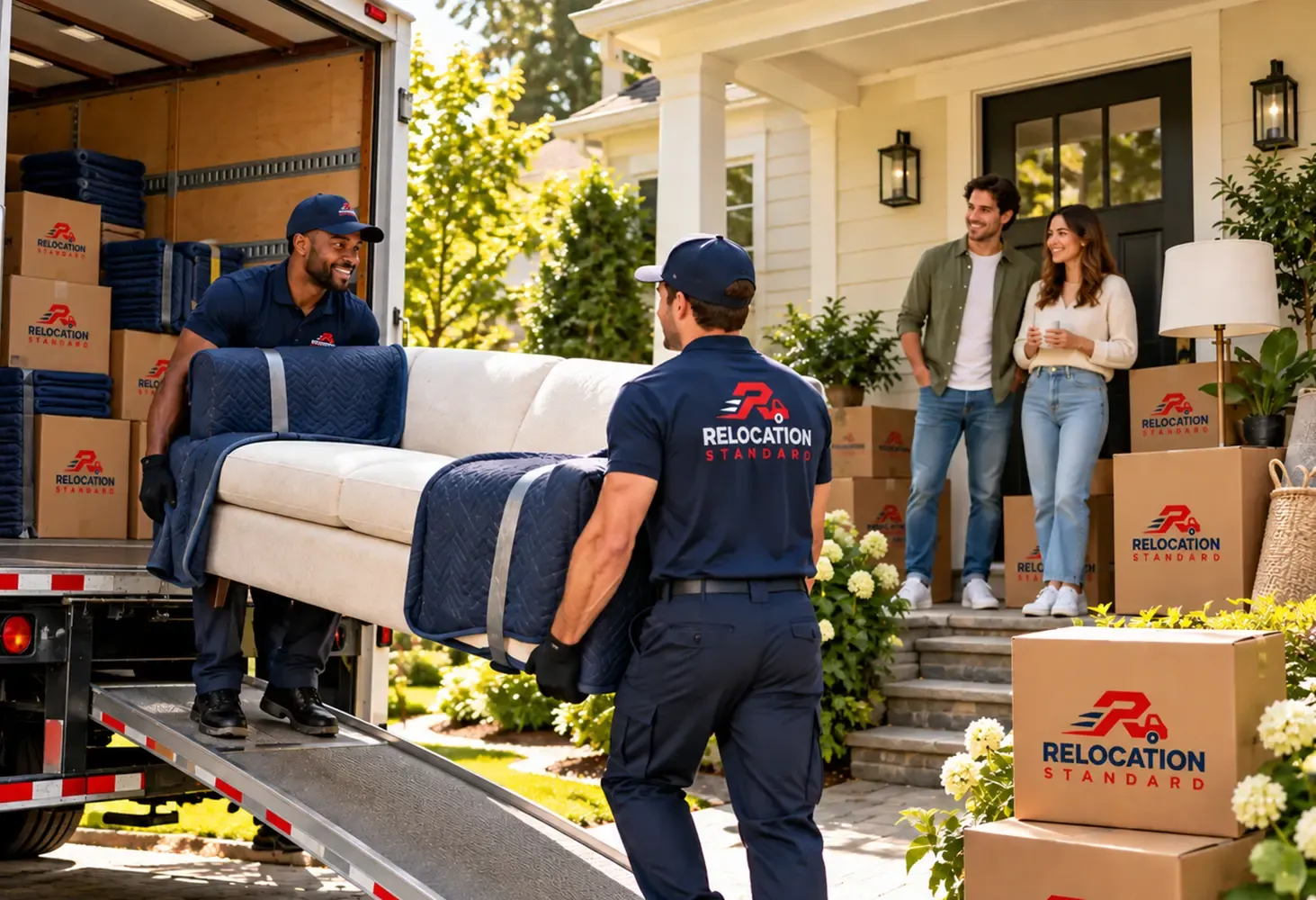 Relocation Standard movers carrying a padded sofa up the truck ramp while the homeowners watch from the porch