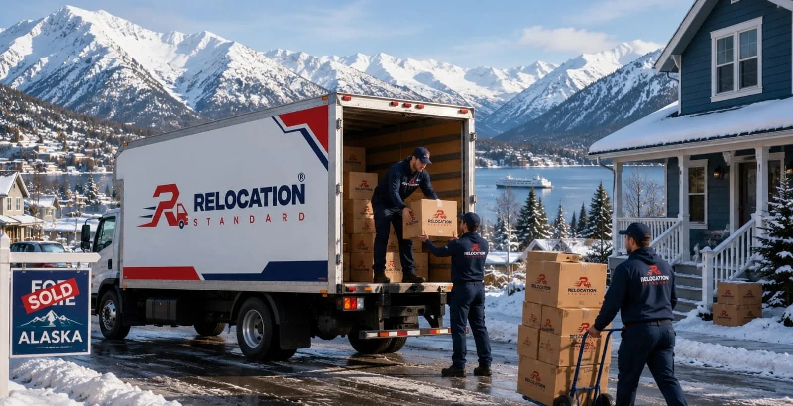 Relocation Standard movers unloading a truck at a snowy Alaska home with mountains behind