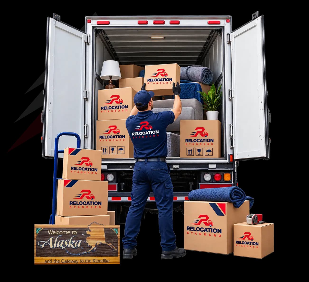 Relocation Standard mover loading boxes into a truck beside a Welcome to Alaska sign