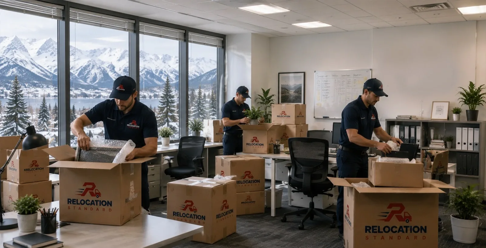 Relocation Standard crew packing an office with snow-capped mountains outside the windows