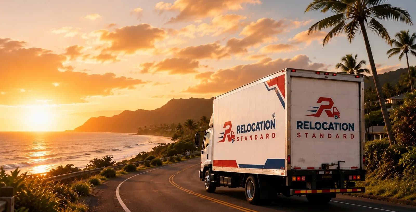 Relocation Standard moving truck driving along a Hawaii coastal road at sunset