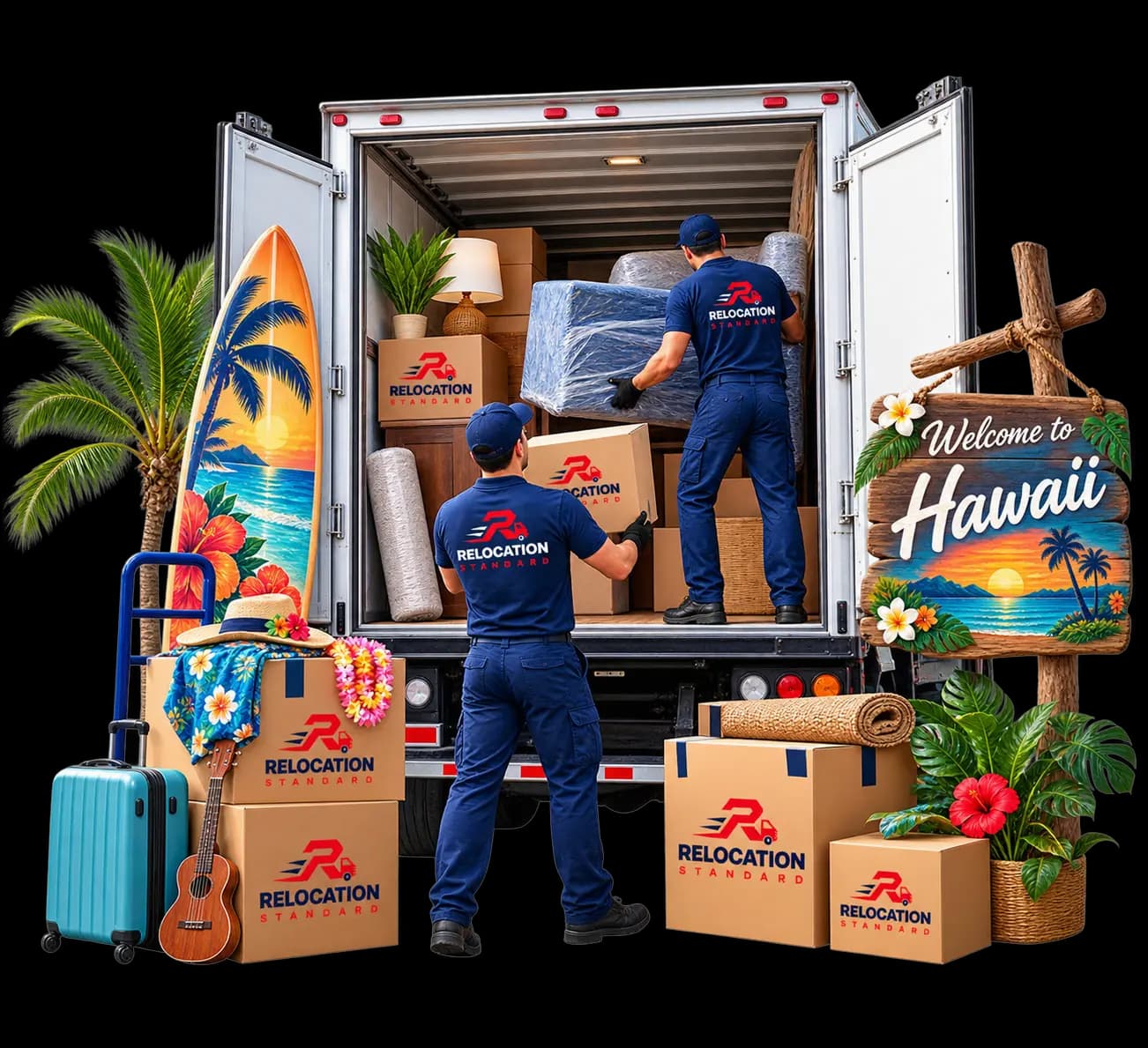 Relocation Standard movers loading a truck beside a surfboard, palm tree and Welcome to Hawaii sign