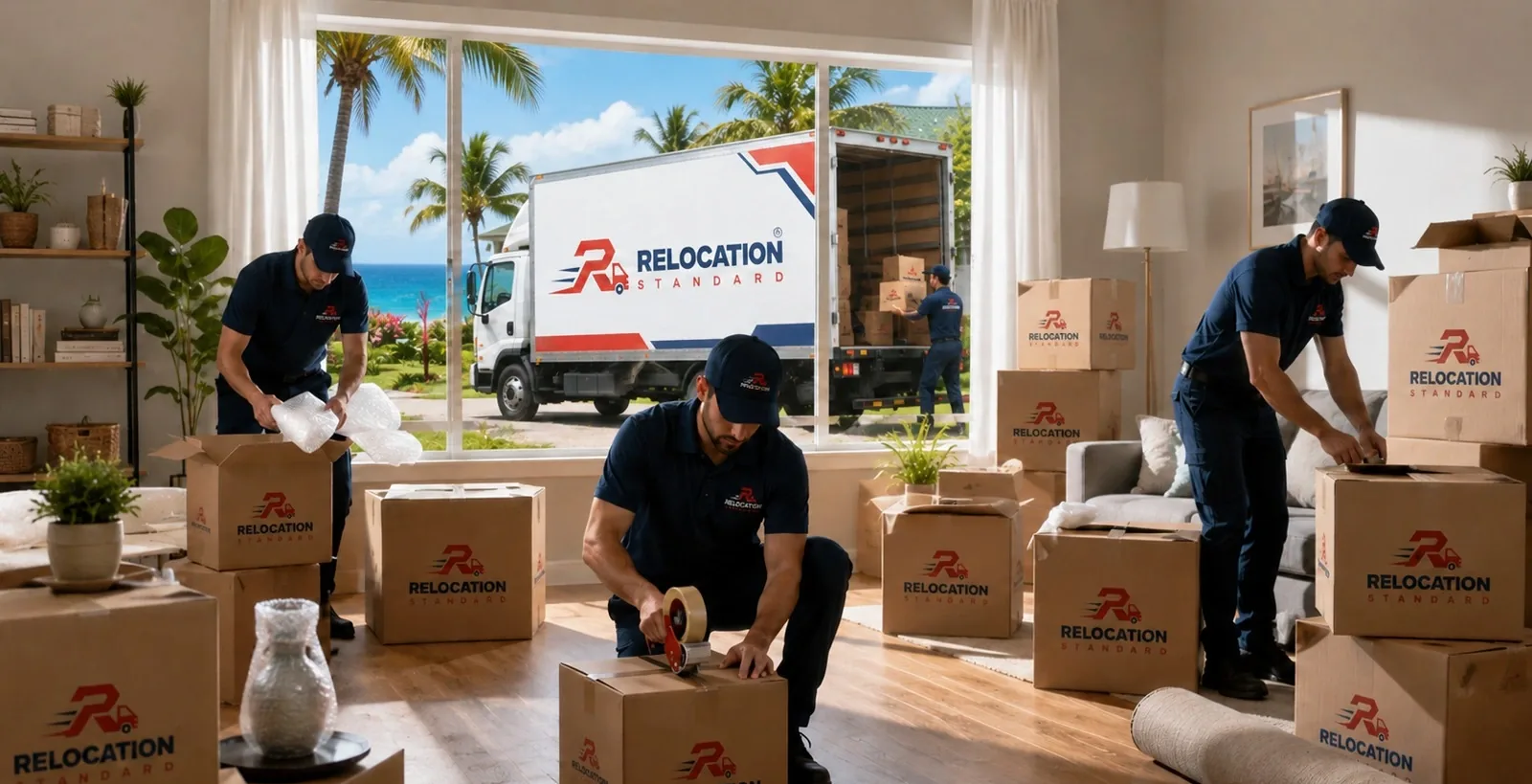Relocation Standard crew packing a living room in Hawaii, with the moving truck and ocean outside the window