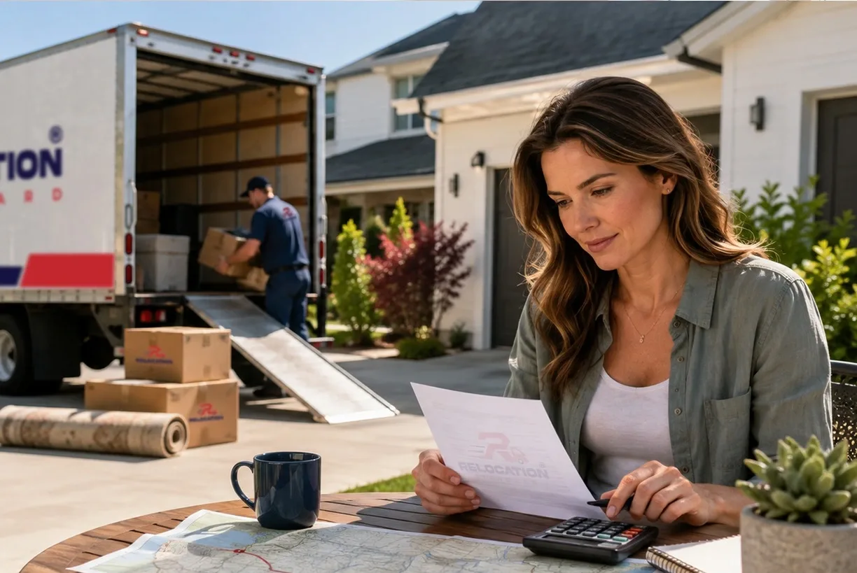 Customer reviewing a moving estimate with a calculator and road map while movers unload a truck