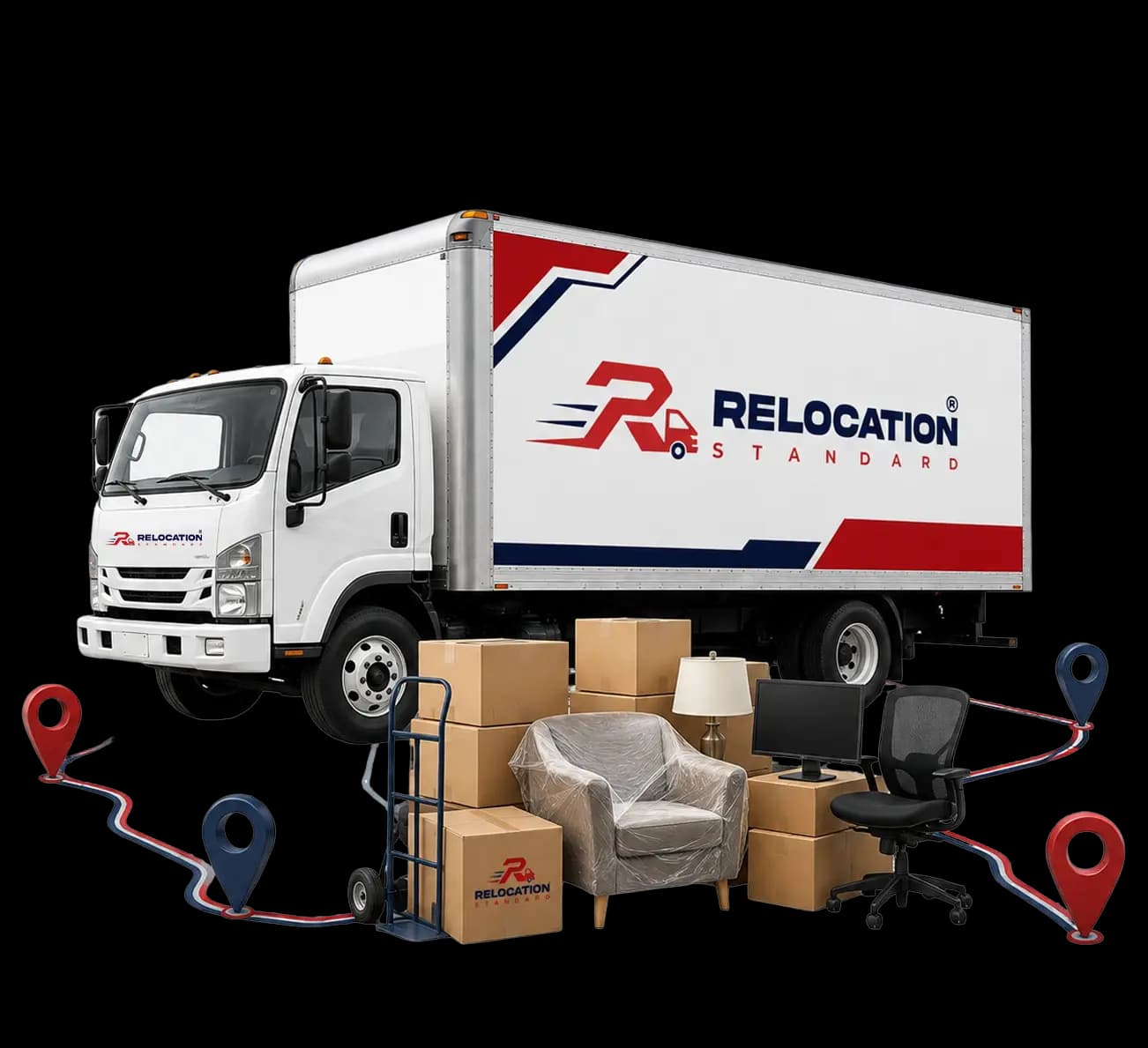 Relocation Standard box truck with packed boxes, furniture and a route marked between map pins