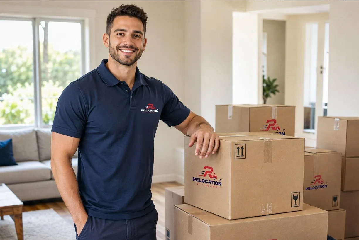 Smiling Relocation Standard mover leaning on packed moving boxes in a bright living room