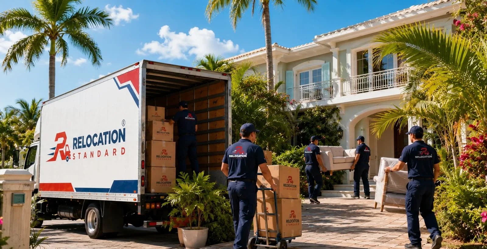 Relocation Standard movers carrying boxes from a truck to a home lined with palm trees