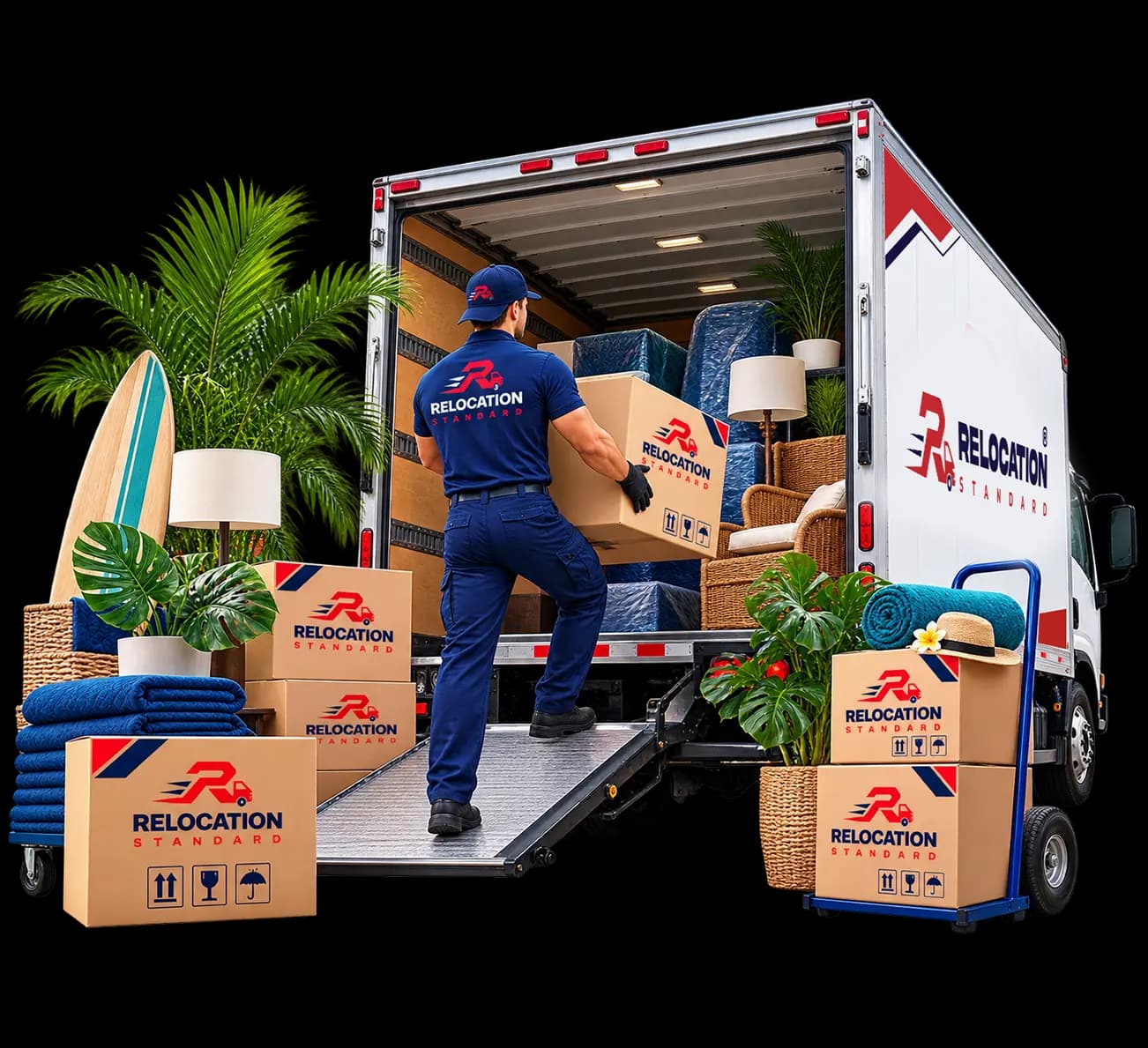Relocation Standard mover loading boxes, furniture and tropical plants onto a moving truck
