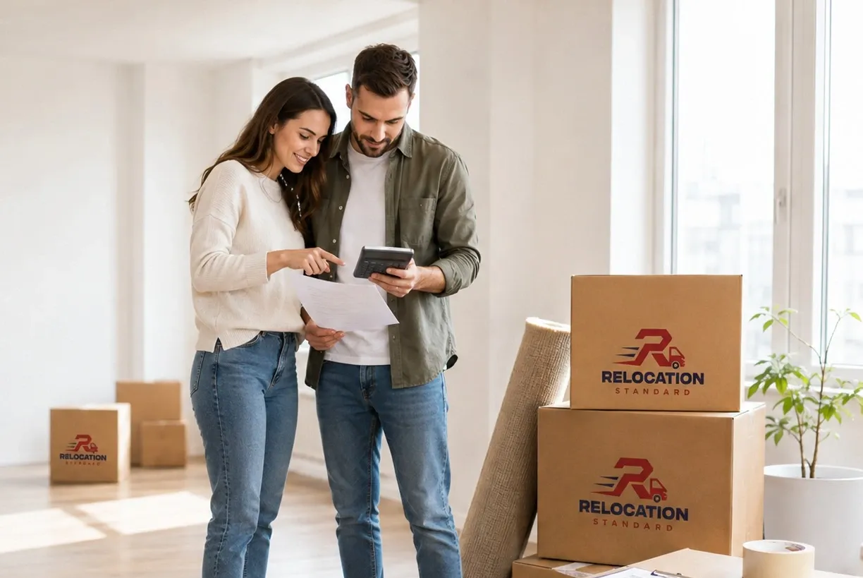 Couple reviewing a moving estimate with a calculator beside Relocation Standard boxes in an empty apartment