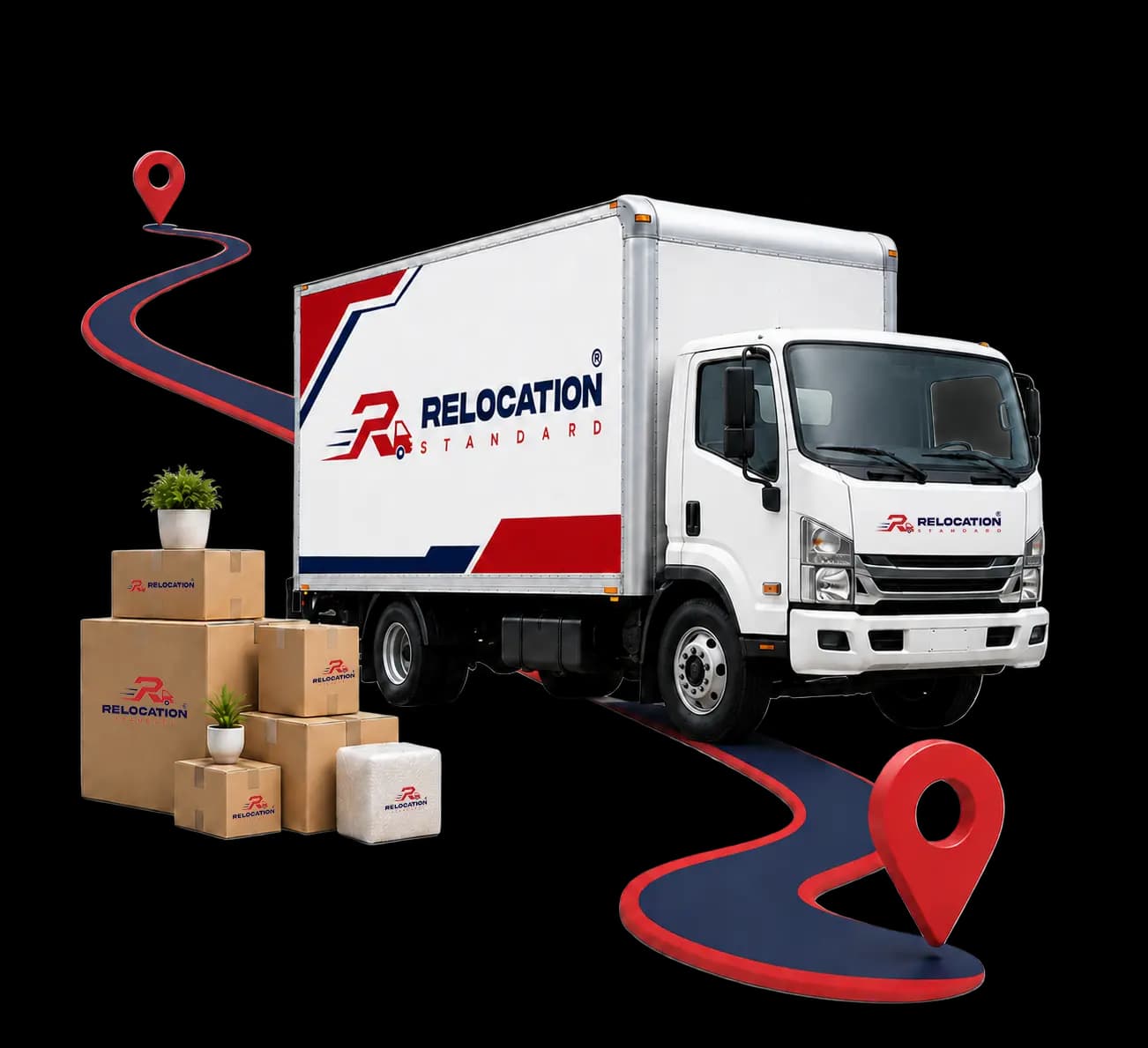 Relocation Standard box truck with packed boxes and plants on a winding route between two map pins