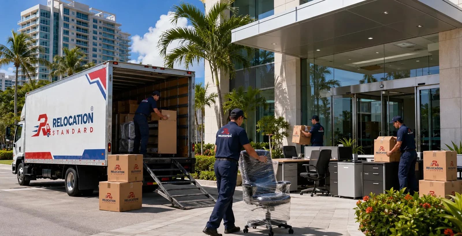 Relocation Standard crew moving wrapped office furniture from a truck into a palm-lined office building