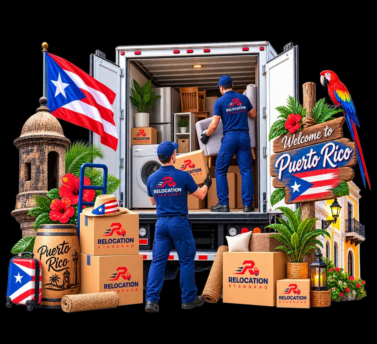 Relocation Standard movers loading a truck beside a Puerto Rican flag and Welcome to Puerto Rico sign
