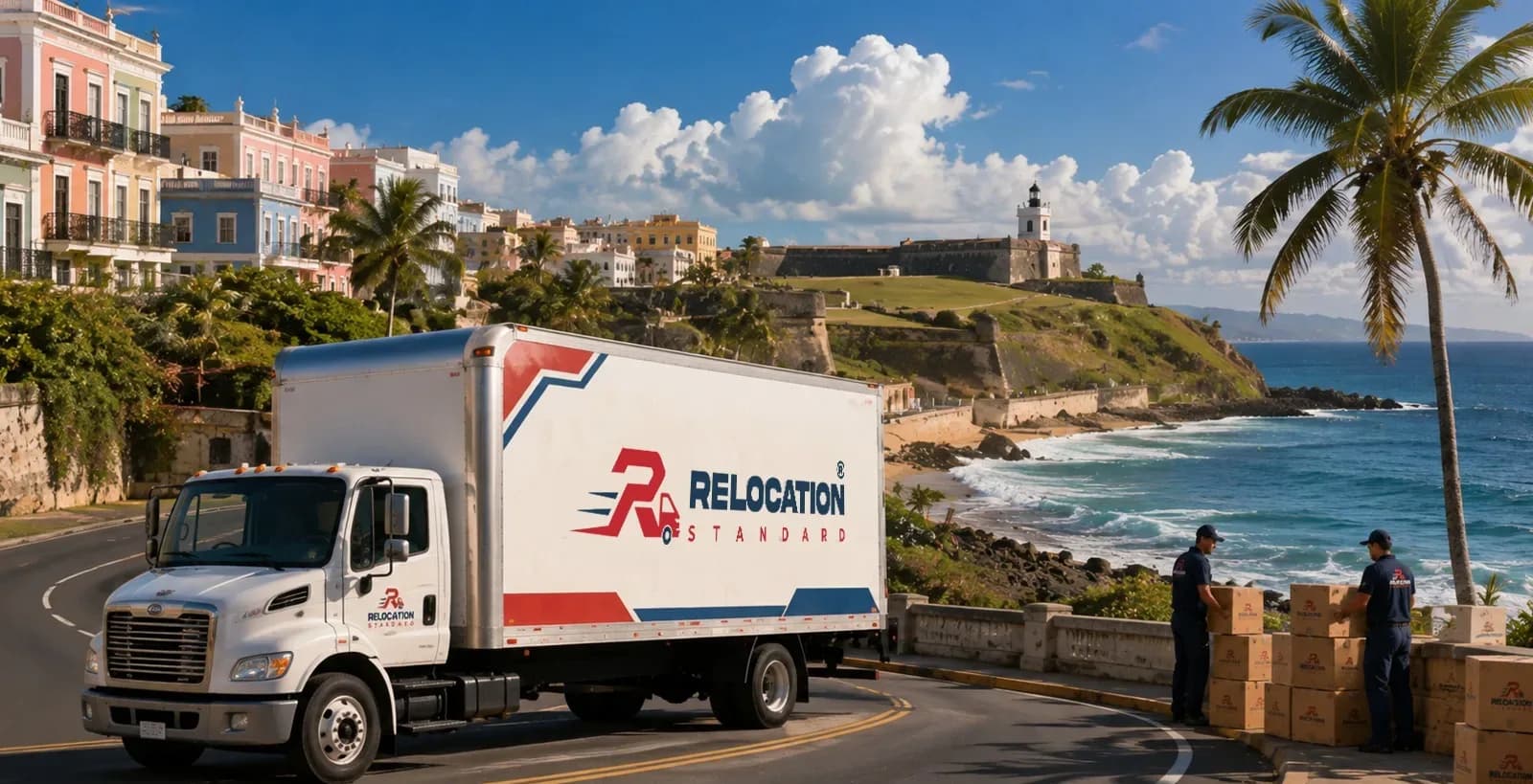 Relocation Standard truck on a seaside road in Old San Juan while the crew stacks moving boxes by the ocean